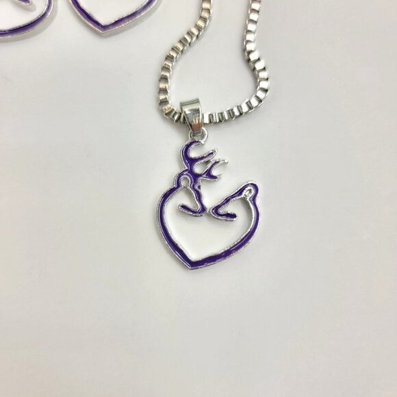 3/$20 Womens Necklace Drop Earrings Set Silver Plated Deer Pendant Purple Farm - Picture 6 of 10
